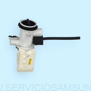 "Bomba de desagüe original para lavadora Samsung, con cuerpo blanco, salida lateral y manguera negra de drenaje. Repuesto compatible con modelos DC96‑01533B, ideal para evacuación eficiente del agua."
