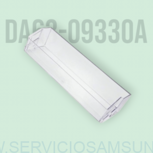 Botellero de puerta DA63‑09330A original Samsung para frigorífico americano, bandeja inferior de plástico transparente diseñada para sujetar botellas y envases altos de forma segura en la puerta de modelos Samsung compatibles.