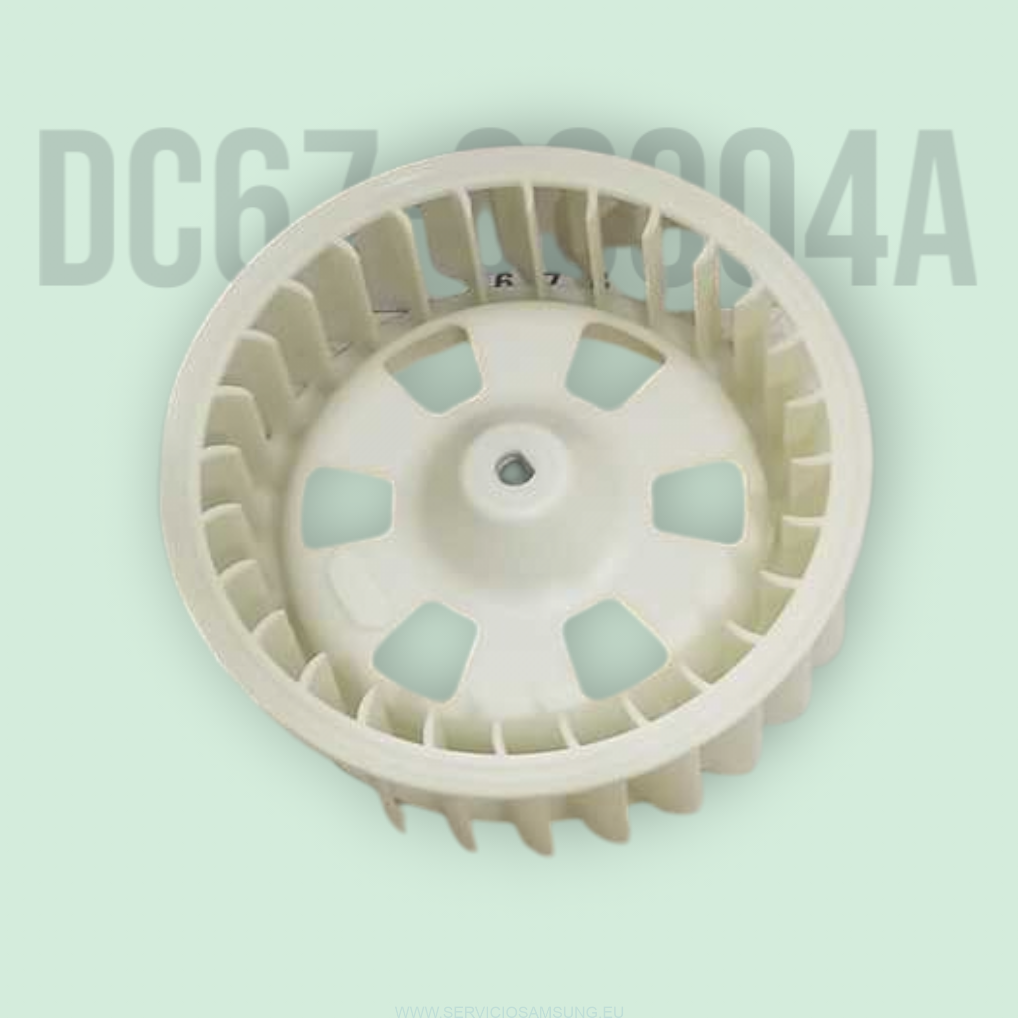 Ventilador de secado **DC67-00904A** original **Samsung** para lavadora, hélice interna de plástico técnico PA66 diseñada para facilitar la circulación de aire y reducir la humedad durante el funcionamiento del equipo.