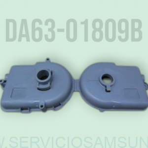 Cubierta del motor del ventilador DA63-01809B original Samsung para frigorífico, carcasa protectora de plástico técnico diseñada para cubrir y proteger el motor BLDC del ventilador evaporador, asegurando un funcionamiento silencioso y seguro en modelos Samsung compatibles.